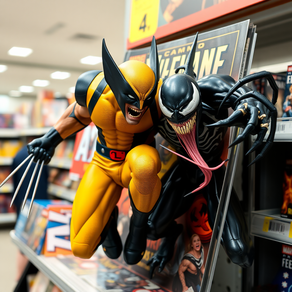 Jumping out of a Comic book cover on a store shelf is Wolverine and Venom with in Cinematic Real3D photo-realistic quality.