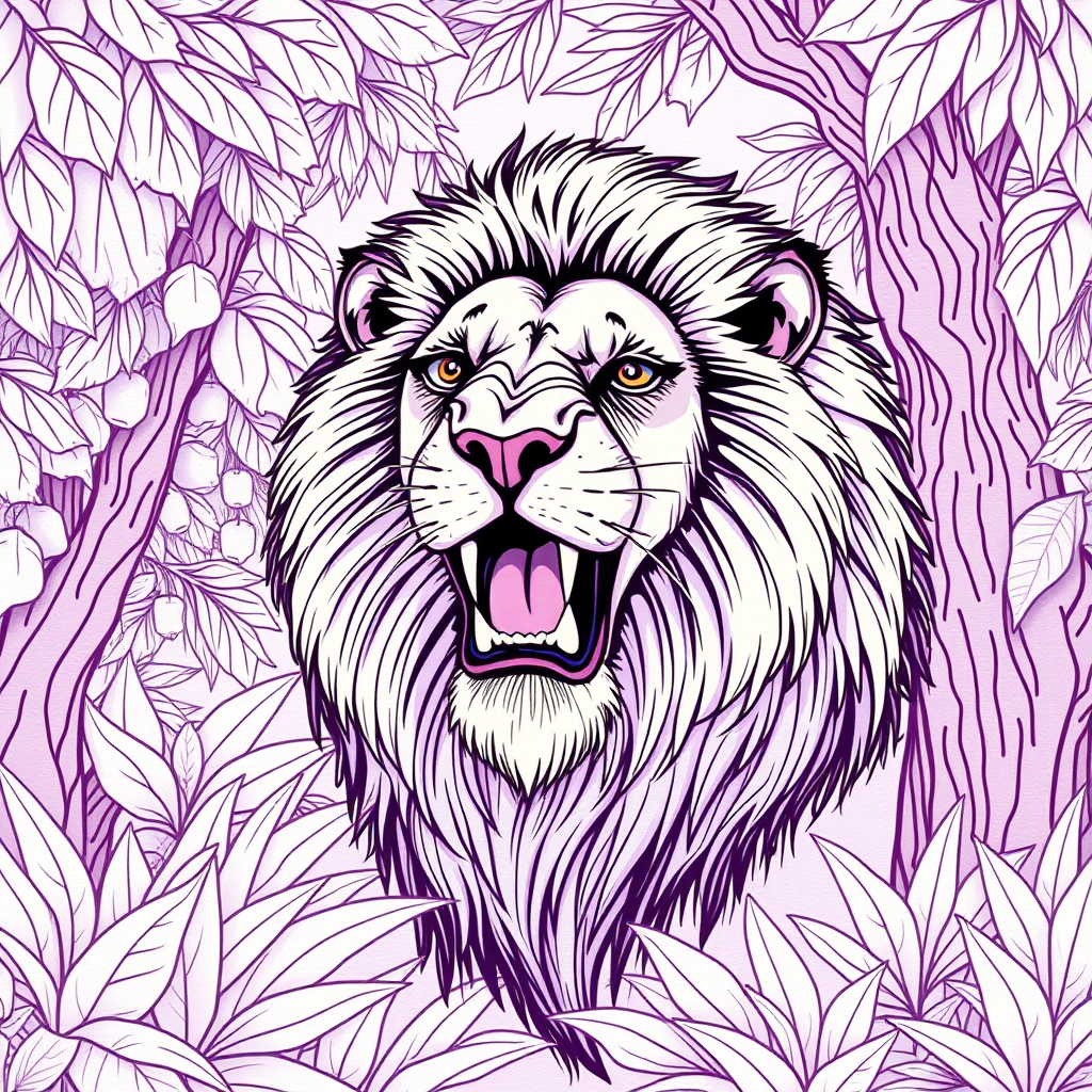 Detailed illustration of realistic majestic lion roaring proudly in a dream-like jungle, purple white line art background, clipart on light violet paper texture