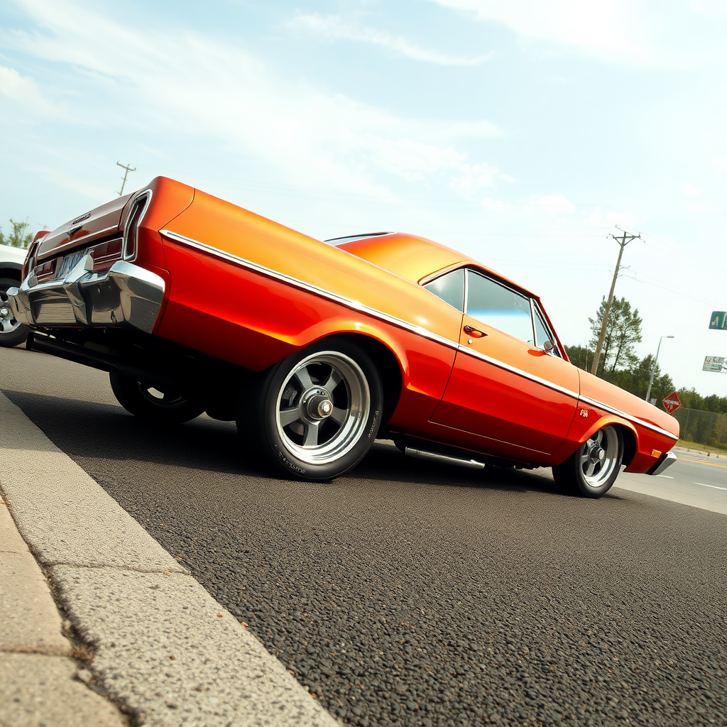 The drag car is parked on the side of the road, inspired by Taiyō Matsumoto, tumblr, restomod, nd4, c4 metallic shine classic american low rider ford