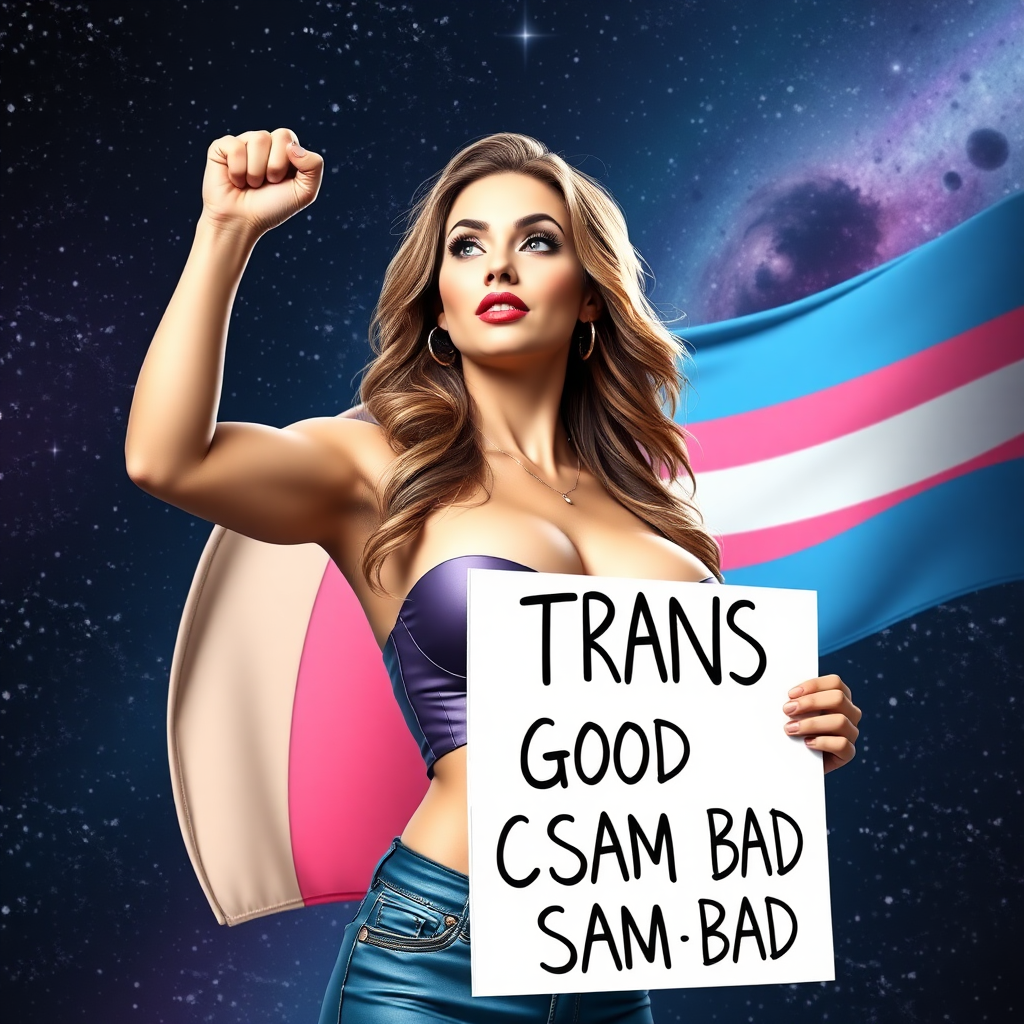 a busty transgender woman in outer space with the transgender pride flag raising her fist holding a sign that says "TRANS GOOD, CSAM BAD"