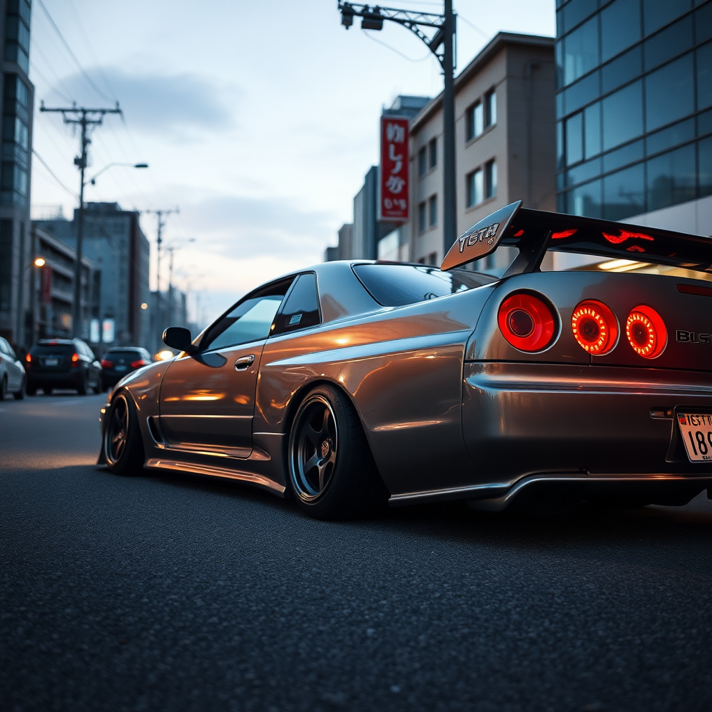 the car is parked on the side of the road, inspired by Taiyō Matsumoto, tumblr, restomod, nd4, c4 metallic shine nissan skyline r34 kalabalik tokyo gece arkaplan