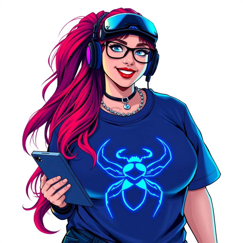 A cyberpunk vigilante’s full-figured intelligent and tech-savvy 29-year-old girlfriend, who is a computer hacker and tech genius. She has a long ruby red ponytail and bright blue eyes. She wears a sapphire beetle gemstone necklace, and an oversized Maximum Blue (RGB 71, 171, 204) t-shirt featuring a giant neon blue glowing icon of a beetle on its chest. She has a full-figured physique with a prominent, gargantuan, round midsection, reflecting her well-cared-for lifestyle. The midsection is heavily emphasized. She sports a sapphire headset with hi-tech Maximum Blue (RGB 71, 171, 204) lensed HUD visor, Maximum Blue (RGB 71, 171, 204) lipstick, black eyeglasses, and a beaming smile with a passionate bright red blush. Despite her figure and a lack of self-esteem, she radiates an air of beauty. She has an angular face which contributes to her radiant beauty. She serves as his tech expert from his hideout, holding a holographic tablet and a hi-tech tool wrench. The background is solid white. She is drawn as if she was in a retro 2D cyberpunk fighting game. Make sure her shirt covers her round midsection.