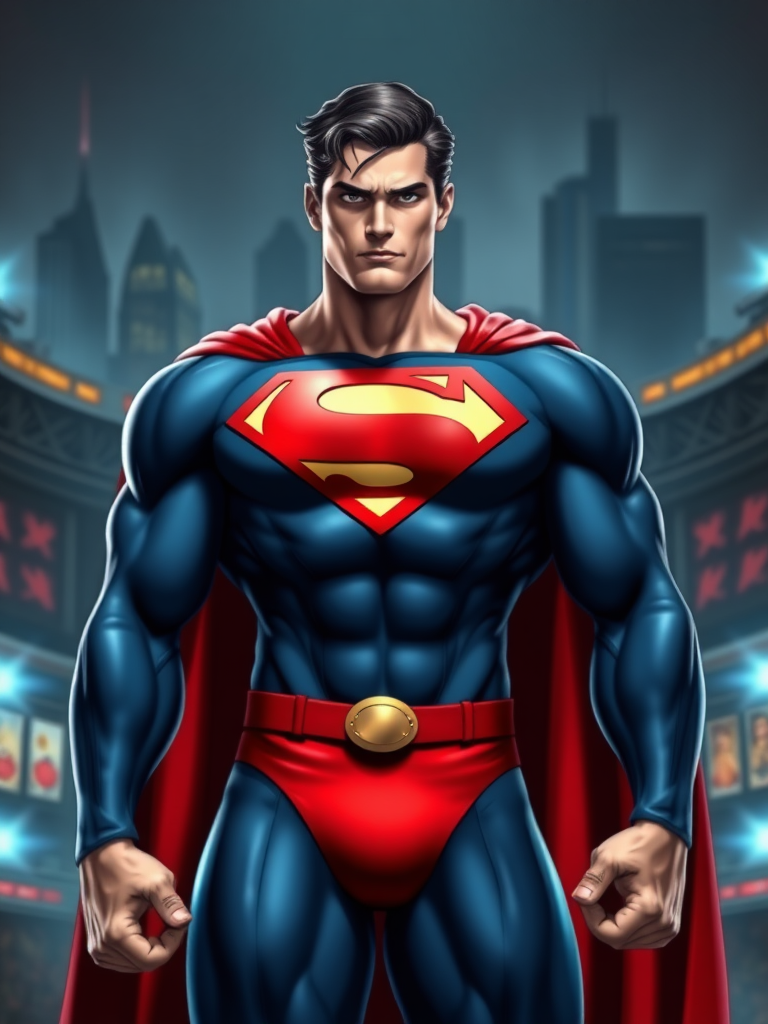 Superman, with the head and face of the traditional Superman, but the body of Cammy from Street Fighter. Emphasize the muscular torso, strong shoulders, and defined legs. Retain the Superman costume, but incorporate the red and blue color scheme of Cammy's outfit. Add a small, stylized "S" logo on her belt. The background should be a blend of Metropolis and a Street Fighter arena, featuring iconic elements from both. The lighting should be dramatic, highlighting the character's physique.