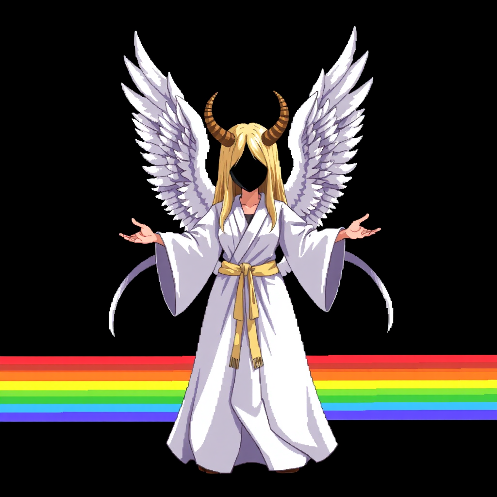 (Anime Style Pixel Art) Black background of a colorful/rainbow like barrier, 2 goat horns, a powerful godly faceless goddess women, 4 large angel wings on back, white-robes, holding hands out