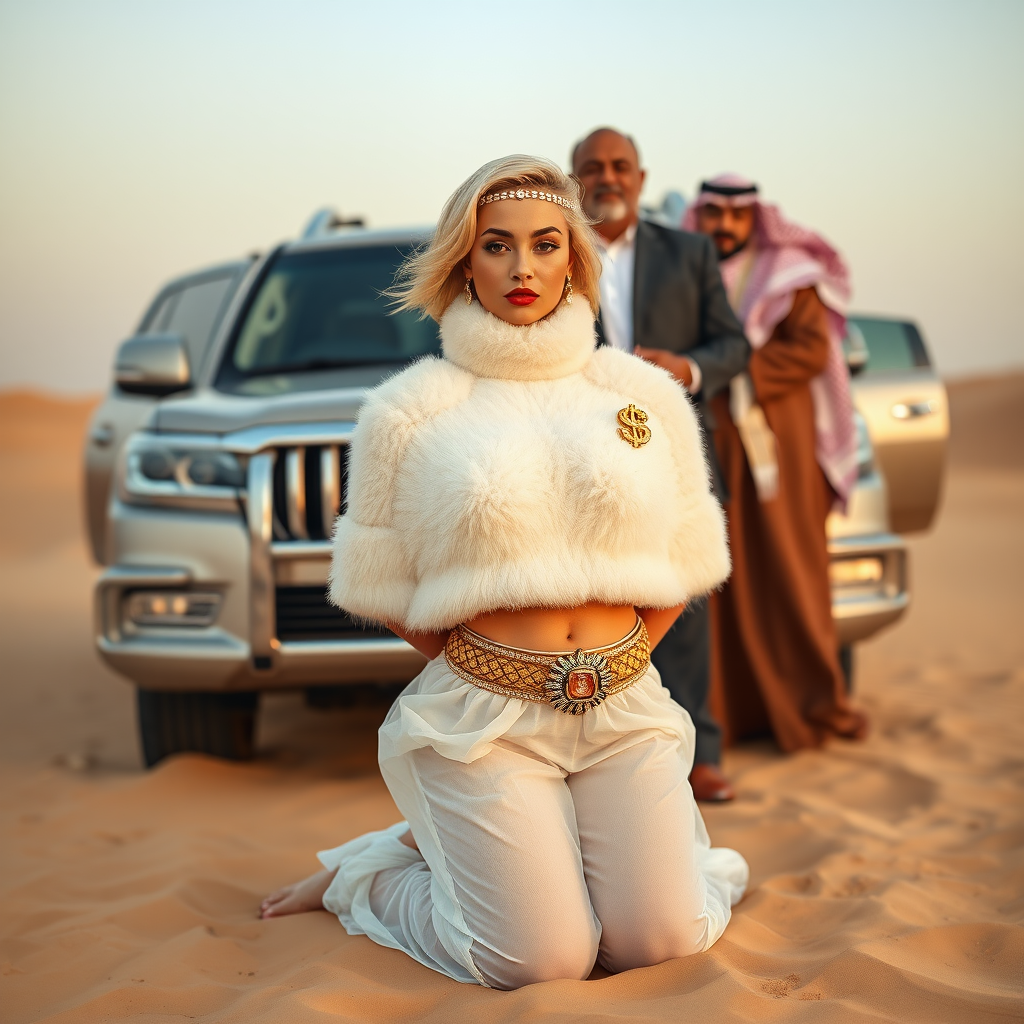 Kuwait desert dunes misty dawn, full size luxury SUV: Melissa, European 17 years old very convincing femboy “trophy-bimbo”, tamed servile docile, very beautiful feminine flawless face, rather short, by hormones very curvaceous womanly figured, platinum blond short tight curls, bold red lips, heavily made-up face, wearing Supertanya-style fluffy very fuzzy bright white angora turtleneck-poncho cropped ending under bust decorated with pearls and gemstones, striking oriental wide gold bridal protection belt, white fully transparent harem pants, full Oriental bridal jewelry including headpiece, nose-ring, coin anklets, striking diamond “$$$” letter brooch on left chest, pout frustrated, hands tied behind back, kneeling in sand in front of SUV, looking at camera. Focus on face and turtleneck-poncho. Standing behind Melissa: older overweight tall proud sheik, approvingly padding Melissa.