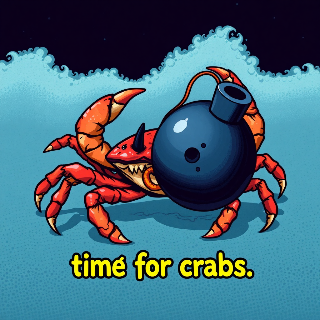 Crab with bomb and caption "time for crabs"