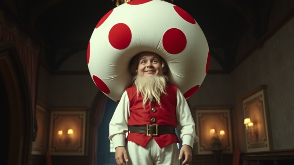 Interior. Dimly lit castle. 1980s movie. A dwarf actor with white pants, red vest, and very large spherical hat that is white with large red spots.