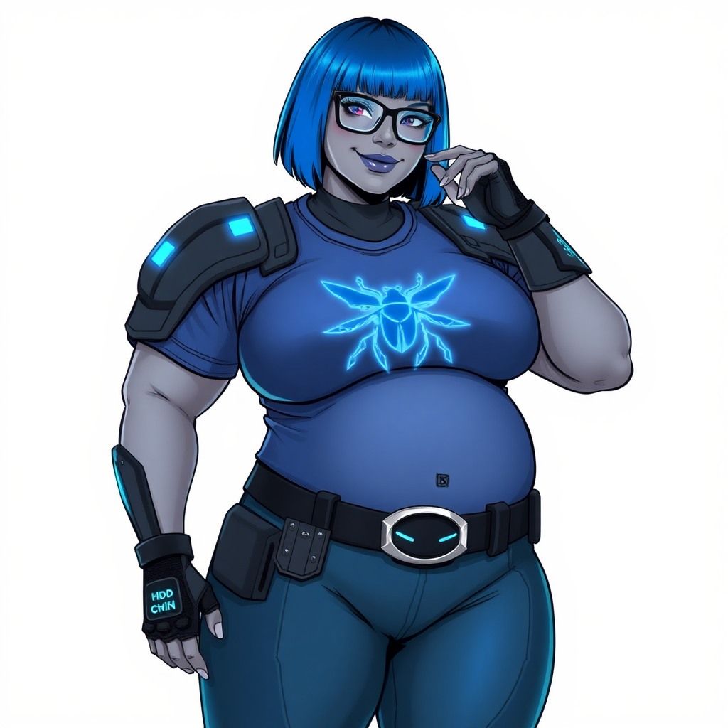 A 28-year-old, full-figured, middle gray skinned computer program hybrid with a maximum blue bob cut. She has a non-athletic build, highlighted by a prominent, round, large midsection (with emphasis on her large belly), which shows the aftermath of her pampering. As the heavily pampered digital sidekick to her cyberpunk vigilante boyfriend, her middle gray metallic skin and maximum blue lipstick emphasize her digital nature. She wears a digital, computerized costume inspired by DC’s Carrie Kelly Robin, consisting of a huge, tight-fitting, maximum blue t-shirt with a neon blue glowing chest icon of a beetle, hi-tech shoulder pads with neon blue accents, a black hi-tech belt with a digital neon blue glowing buckle, digital maximum blue pants with neon blue accents, and black hi-tech fingerless biker gloves with neon blue glowing accents. Her neon blue glowing eyes, black eyeglasses with a neon blue glowing HUD built into the lenses, and shy smile with neon red blush accentuate her nerdiness. She stands bashfully with one hand behind her back and the other hand gently touching her cheek, her costume covering all her skin and emphasizing her full-figured physique (especially her belly). She is clearly non-athletic, with a focus on her full-figured physique. Despite her build, she radiates beauty. She has a slim face compared to her physique, accentuating her radiant beauty. She is on a solid white background. She is drawn as if she were in a retro 2D cyberpunk fighting game.