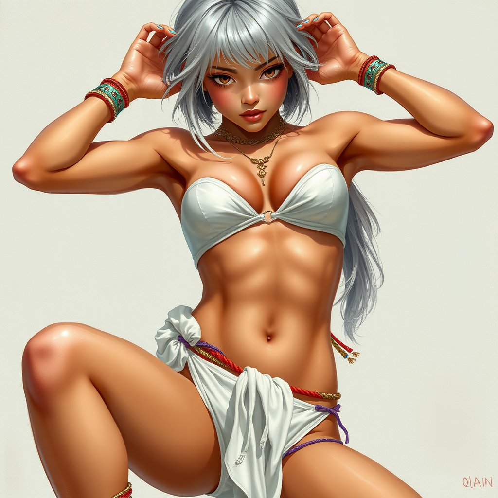 Girl, toned and muscular and has abs. short silvery flowing hair. Her fingers and toenails are painted sky-blue. Her attire consists of a white primitive scant revealing two-piece bikini-like outfit with pale red, sky-blue, gold and purple bands on her neck, arms, wrists, shins, and ankles. Tan skin. Asian face. Sexy exaggerated pose. Hands behind head, exposing armpits. fantasy painting high contrast, well-drawn, highly detailed, and beautiful rendering.