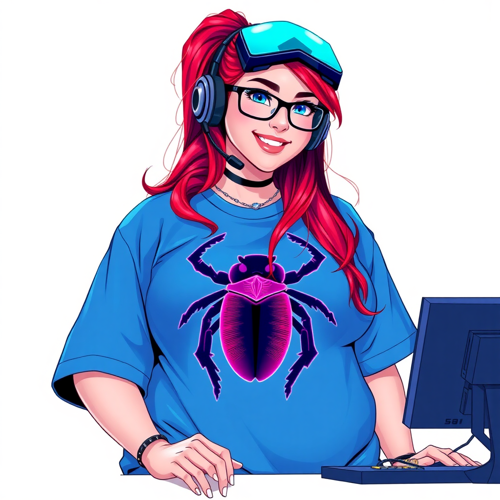 A cyberpunk vigilante’s full-figured intelligent and tech-savvy 29-year-old girlfriend, who is a computer hacker and tech genius. She has a long ruby red ponytail and bright blue eyes. She wears a sapphire beetle gemstone necklace, and an oversized maximum blue t-shirt featuring a giant neon blue glowing icon of a beetle on its chest. She has a full-figured physique with a prominently, gargantuan, well-rounded midsection, reflecting her well-cared-for lifestyle. She sports a sapphire headset with hi-tech maximum turquoise lensed HUD visor, black eyeglasses, and a beaming smile with a passionate bright red blush. Despite her figure and a lack of self-esteem, she radiates an air of beauty. She has a slim face which contributes to her radiant beauty. She serves as his tech expert from his hideout, diligently working at her lab table and computer desk. The background is solid white. She is drawn as if she was in a retro 2D cyberpunk fighting game.