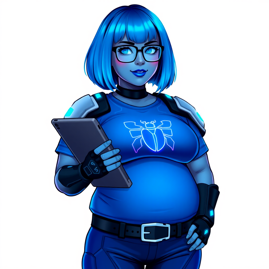 A 28-year-old, full-figured, metallic middle blue (5PB 5/8) skinned computer program hybrid with a middle blue bob cut (5PB 5/8). She has a non-athletic build, highlighted by a prominent, round, large midsection (with emphasis on her belly), which shows the effects of her new love of junk food acquired from her boyfriend. As the full-figured, nerdy, digital sidekick to her cyberpunk vigilante boyfriend, her metallic middle blue skin and maximum blue lipstick (5PB 5/12) emphasize her digital nature. Her skin has a subtle, animated glow, with digital patterns occasionally flickering across it, making her digital nature obvious. She wears a digital, computerized costume, consisting of a huge, tight-fitting, maximum blue t-shirt (5PB 5/12) made out of advanced nanotech with a neon blue glowing chest icon of a beetle, hi-tech shoulder pads with neon blue accents, a black hi-tech belt with a digital neon blue glowing buckle, digital maximum blue biker pants (5PB 5/12) with neon blue accents, and black hi-tech fingerless biker gloves with neon blue glowing accents. Her neon blue glowing eyes, black eyeglasses with neon blue glowing lenses equipped with a built-in HUD, and bashful smile with neon red blush accentuate her nerdiness.

She stands with a shy, slightly hunched posture, one hand nervously adjusting her glasses while the other clutches a digital tablet close to her chest. Her pose reflects her intellectual curiosity and slight social awkwardness, much like Sci-Twi. Her costume covers all her skin and emphasizes her full-figured physique (especially her belly). Despite her build, she radiates beauty. She has a slim face compared to her physique, accentuating her radiant beauty. She is on a solid white background. She is drawn as if she were in a retro 2D cyberpunk fighting game.