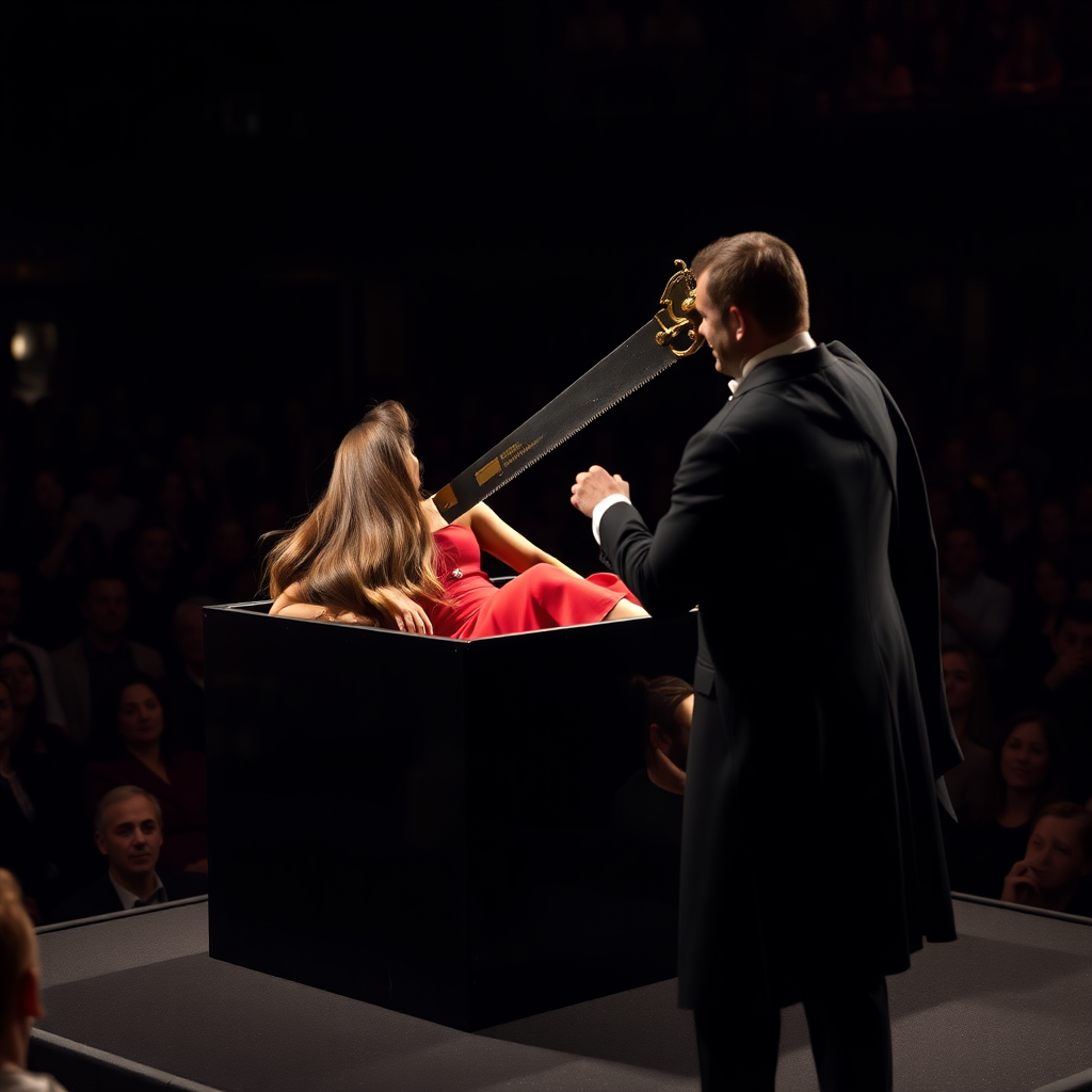 In a dimly lit theater, the atmosphere buzzes with excitement as an audience eagerly awaits the grand illusion. At the center stage, a beautifully enchanting woman, her luxurious, long hair cascading like a shimmering waterfall, lies gracefully within a sleek, rectangular box. The box, measuring approximately four feet in length, two feet in width, and one foot in height, is crafted from polished black wood that gleams under the stage lights.

Her head gracefully protrudes out of one end, framed by long, silky strands of hair that glint with hints of deep chestnut and golden highlights. At the opposite end, her elegantly manicured feet peek out, adorned with delicate, sparkling anklets that catch the light. The contrasting colors of her vibrant crimson dress, which hugs her figure and flows elegantly around her, further enhance the striking visual.

As the audience holds its collective breath, a charismatic magician, clad in a classic black tuxedo with a stark white shirt and a dramatic cape, prepares to execute his mesmerizing trick. With a flourish of his wand, he unveils an ornate saw, its blade gleaming menacingly against the stage lighting. The crowd gasps in anticipation as he positions the saw at the center of the box and begins to cut through, the sound of wood creaking echoing in the hushed theater.

Tension heightens as he saws through the box, his movements precise and theatrical, each stroke accompanied by the audience’s anxious gasps. The woman remains remarkably serene, her expression perfectly composed, conveying an aura of confidence amidst the spectacle. The scent of fresh sawdust fills the air, blending with the faint trace of makeup and perfume wafting from the woman, creating an intoxicating mix of mystery and allure. Excitement crackles in the air, as the crowd leans forward, eyes wide, caught between wonder and disbelief at the unfolding illusion.