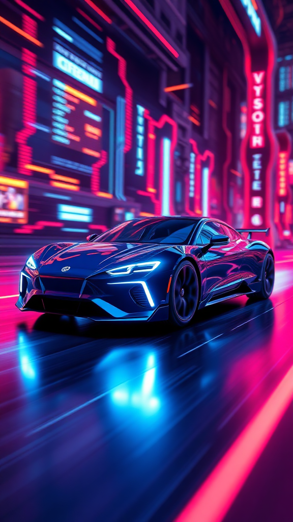 Make a realistic 3D rendering of an electric car racing in cyberspace. Make the background cyber-like and the "electric sparks" look luxurious. Make the overall color dark blue and draw it with a neon sign feel.