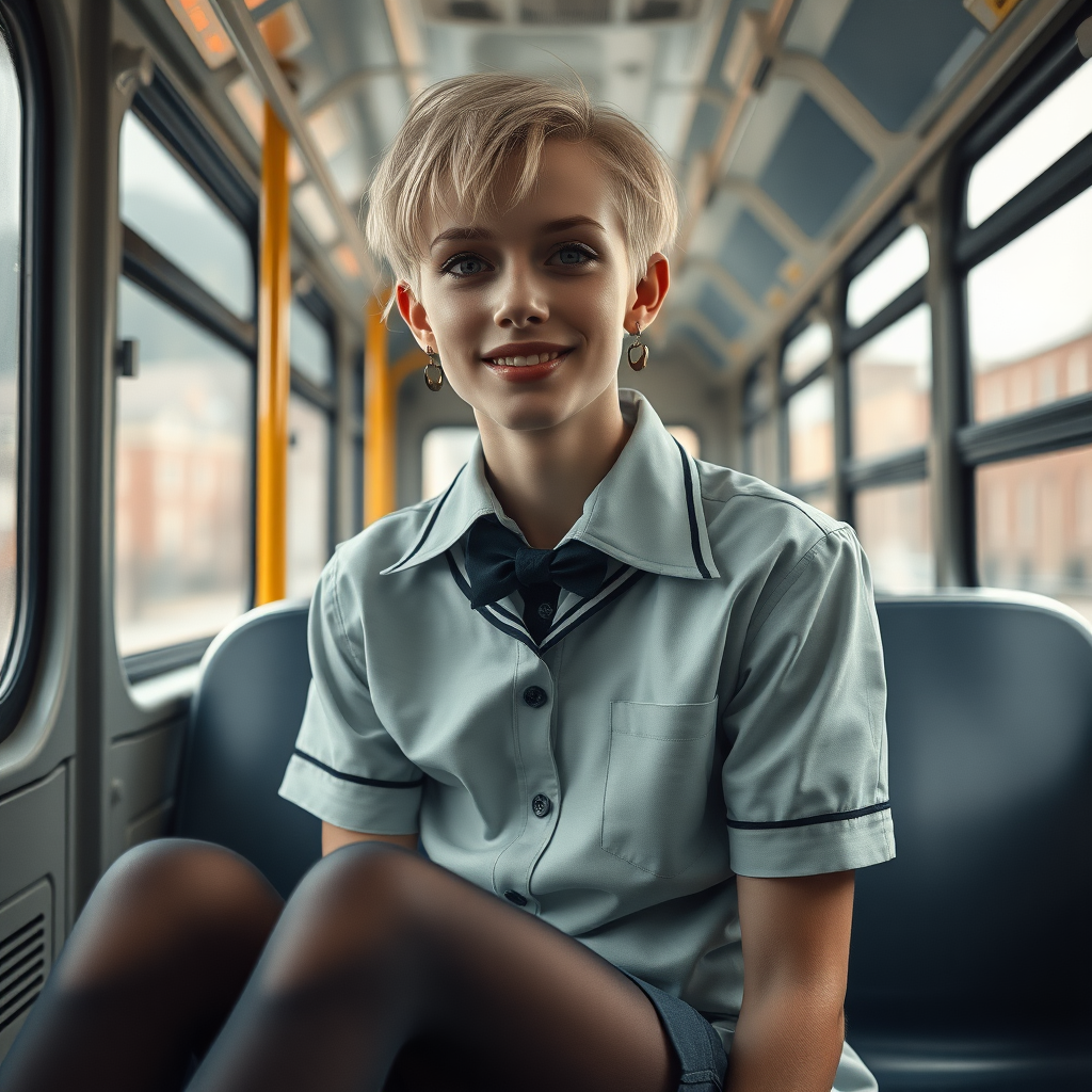 photorealistic, ultra high resolution, 16K, surreal fantasy, soft studio lighting, a pretty 18 year old goth male, slim male physique, short blonde hair, goth makeup, earrings, shiny black pantyhose, UK girls-school uniform, Mary-Jane shoes, sitting in the school bus, excited smile, facing the camera.