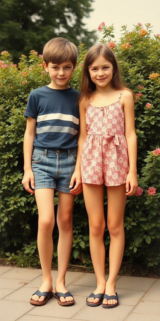 A vintage photo, 1970s. A skinny 14yo teen boy and girl. British. Long legs, bare thighs. Hot summer. Full length view.