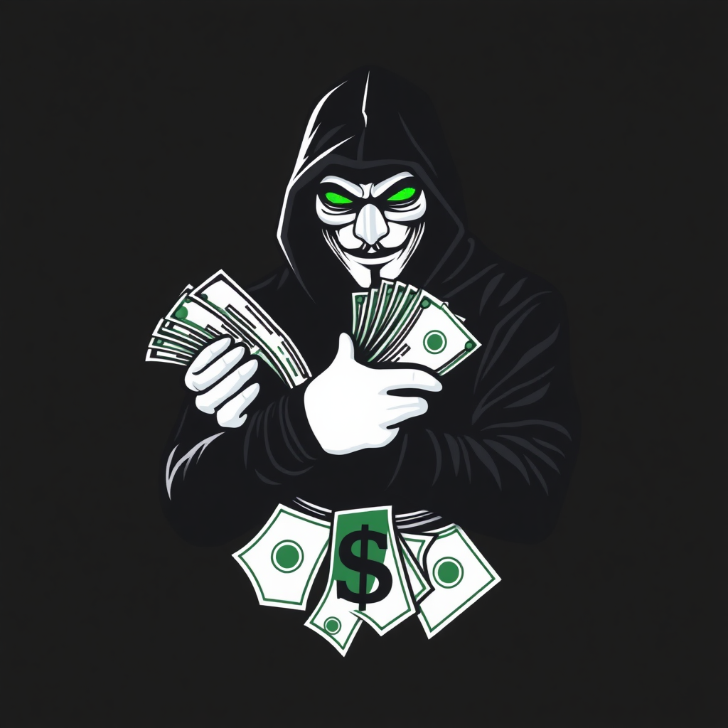 A logo art of an armed anonymous hacker holding lots of money. Black and white and dark green for the cash.