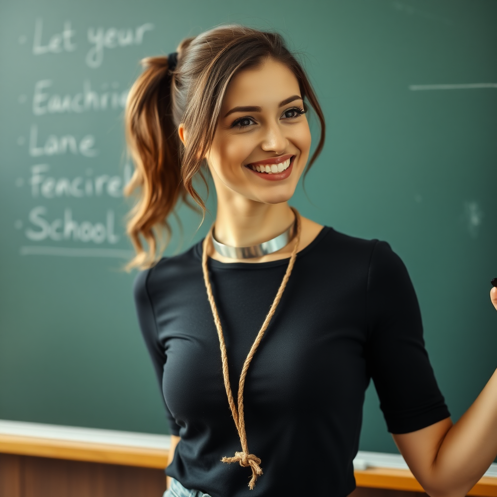 slim, 30 year old, sexy, french female school teacher, metal collar with a rope tied to it. She is smiling and teaching on a blackboard