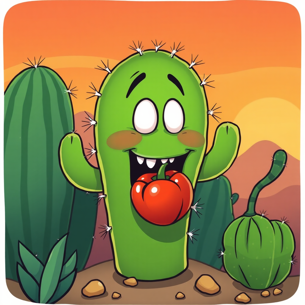 large cartoon saguaro cactus eating a small round pepper