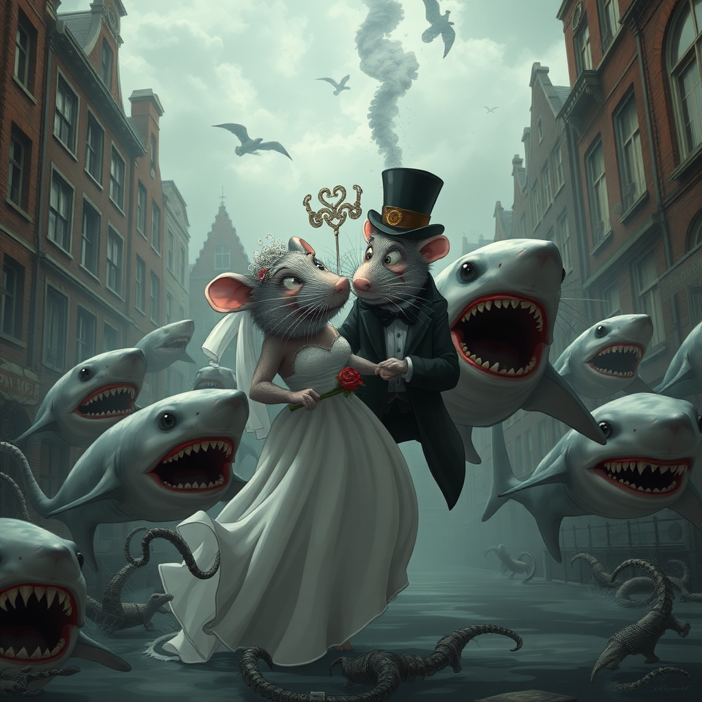 A rat wedding being attacked by hammerhead sharks, no text, Lovecraftian, in Amsterdam, steam punk, 2010s anime