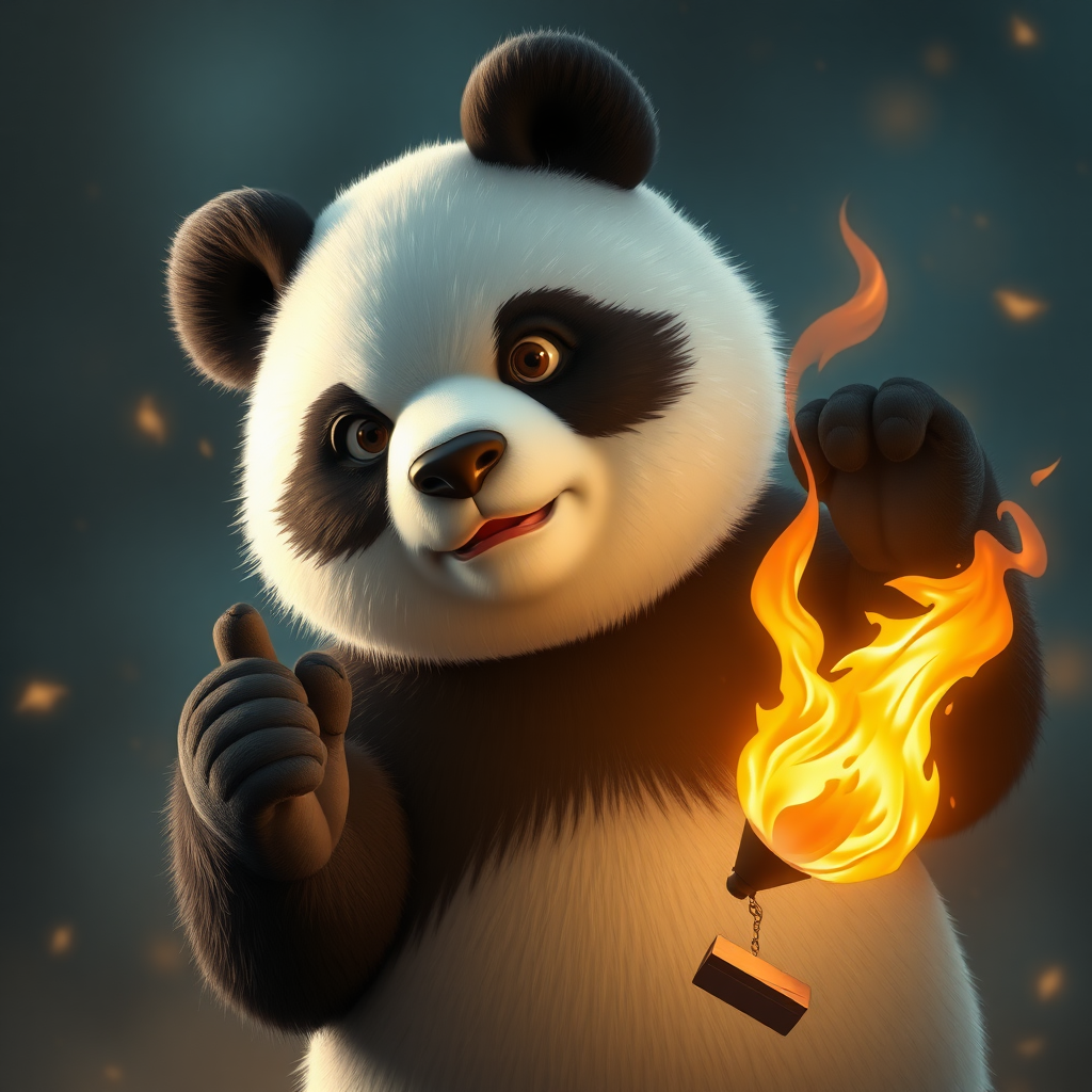 A photorealistic picture of a panda bear holding a torch