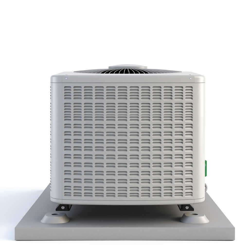 A simple, high-resolution, realistic 3D model of a standard residential outdoor air conditioning unit or condenser. The unit should be placed on a flat surface. The unit should be a neutral color. Plain, uncluttered background. No text.