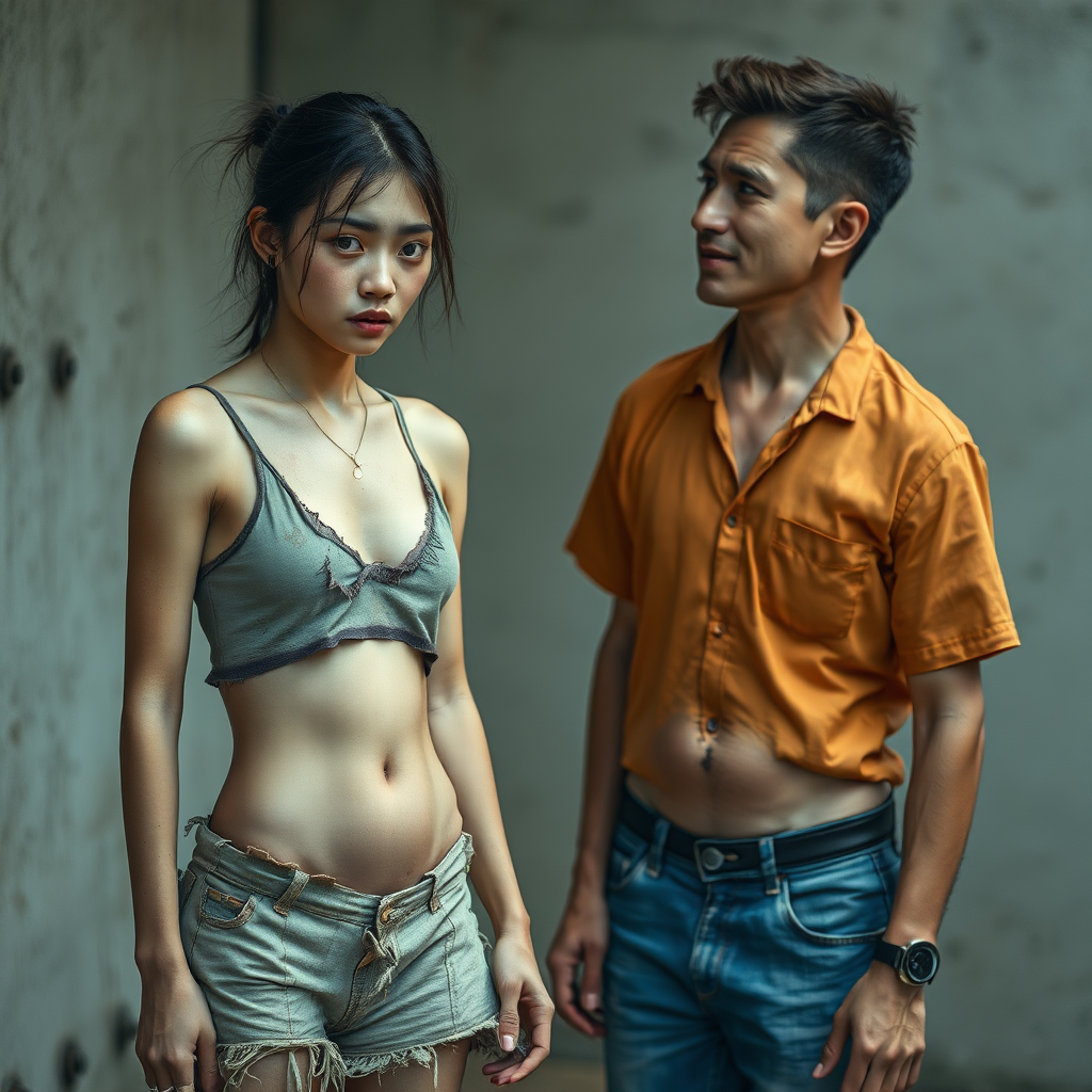 A young unwashed, neglected, homeless, unhygienic-looking, unusually slim, almost anorexic Asian woman. Portrayed as a whole person. Largely erotic, but with a sad and mystical facial expression. The Asian woman wears a torn, old, transparent, very short, crop top and a completely torn, tattered, very old pair of shorts. Shame is visible in her very Asian eyes. In front of her stands a 60-year-old German man. The handsome German man, appearing youthful and well-groomed, looks at the Asian woman as if he is offering her his help. The German man is shaven and slim, has a normal fashionable haircut, his hair is dark brown, he wears a new, nice, simple orange shirt with a subtle pattern and new blue jeans. The German man looks friendly and smiles slightly, looking at the Asian woman kindly, as if she were his daughter. The Asian woman can barely look the German man in the eye out of shame. The Asian woman's stomach slightly sinks in due to hunger. Her belly button is always visible. The Asian woman has a very nice, normal body structure. The Asian woman has a very slight wound on her face. She looks as if she is about to cry. She appears miserable, sad, and completely hopeless!