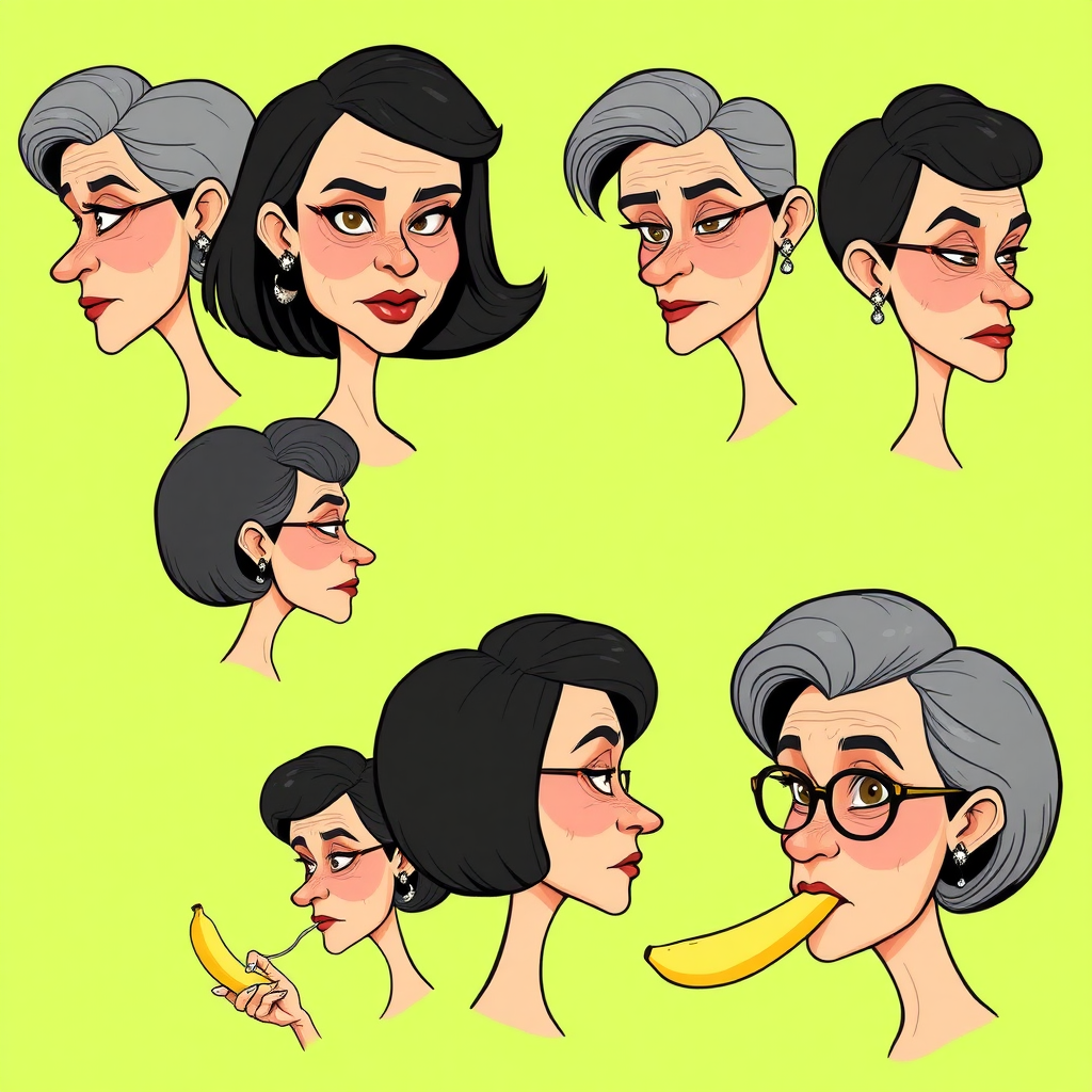 image of six headshots of a 50 Years old, gorgeous, fit, European, Latina, sharp aquiline nose, wrinkles, high cheekbones, Middle Eastern, Skinny, Tanned skin, Dark light skin, full Makeup, jewelry, Sharp nose, frowning, exaggerated cartoon emotions, lascive, eating a banana, dark grey Ash hair, short bowl haircut, Brown eye color, half closed eyes, round Glasses, with detailed features. Each photo displays the same face in back, profile and front view, cut out and isolated on a green background. All six heads are visible side by side, empty space around each view, no overlapping. 2D, caricature, cartoon, Sketch lines, coloring book style, well composed, clean coloring book page, No dither, no gradient, strong outline, vector illustration