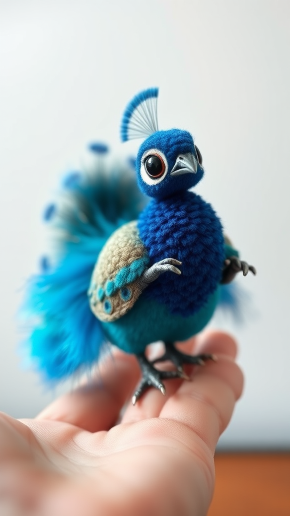 A small tiny cute chubby big eyes big perfect tail real blue dancing peacock on hand