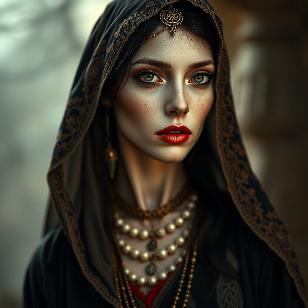 In the world of Vampire the Dark Ages, a Sufi woman with cadaverous skin, dressed like a Persian woman from the Middle Ages. high definition, photorealistic, 16K