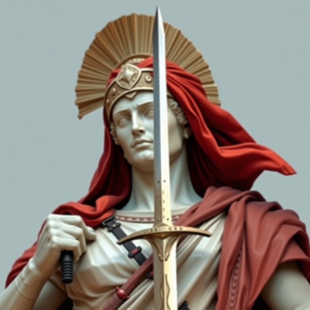 Art. Roman statue with a sword posing. Make some improvements on the motives.