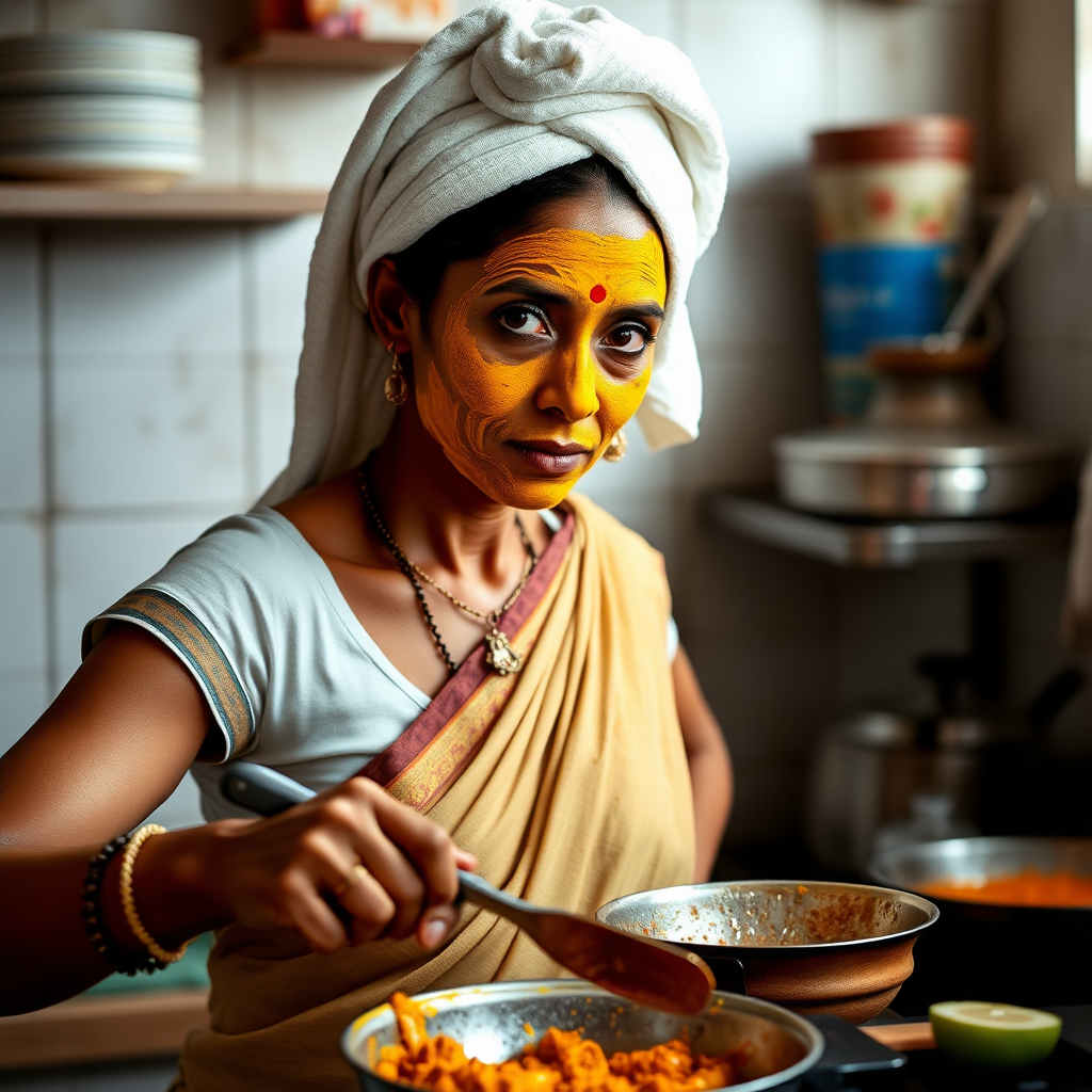 slim, 30 year old, traditional, indian wife, towel head, turmeric face mask, cooking food in kitchen