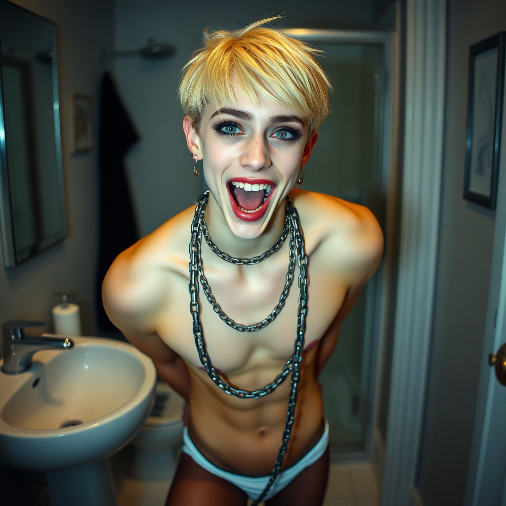 photorealistic, ultra high resolution, 16K, surreal fantasy, studio lighting, a pretty 16 year old goth boy, slim male physique, short blonde hair, goth makeup, earrings, spikey chain and leash, pantyhose, white ballet shoes, in the bathroom, excited open mouth smile, facing the camera,