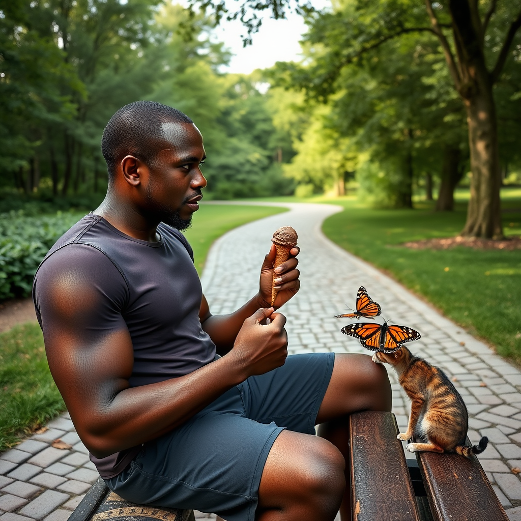 An athletic older black male is sitting on a park bench eating a chocolate ice cream cone. There’s a cobble stone path winding through the park, and a verdant forest off to the left side of the man. A cute kitten is sitting next to him, batting at a monarch butterfly.