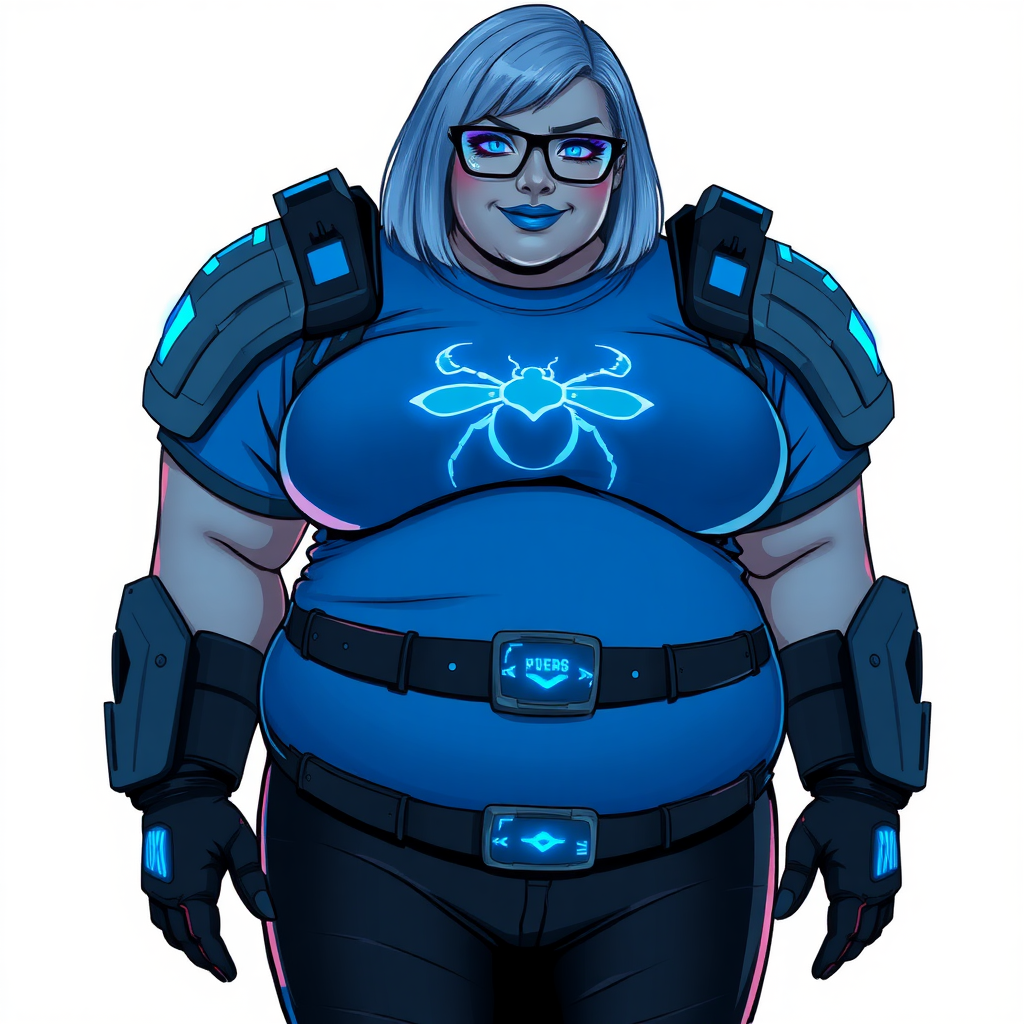 A 28-year-old, full-figured, middle gray skinned computer program hybrid with a maximum blue bob cut. She has a non-athletic build, highlighted by a prominent, round, large midsection (with heavy emphasis on her belly), which the aftermath of pampering. As the heavily pampered digital sidekick to her cyberpunk vigilante boyfriend, her middle gray metallic skin and maximum blue lipstick emphasize her digital nature. She wears a digital, computerized costume consisting of a huge, tight-fitting, maximum blue t-shirt with a neon blue glowing chest icon of a beetle, hi-tech shoulder pads with neon blue accents, a black hi-tech belt with a digital neon blue glowing buckle, digital black biker pants with neon blue accents, and black hi-tech gloves with neon blue glowing accents. Her neon blue glowing eyes, black eyeglasses with a neon blue glowing HUD built in its lenses, and shy smile with neon red blush accentuate her nerdiness. She stands bashfully with her hands behind her back, her costume covering all her skin and emphasizing her full-figured physique (especially her belly). She is clearly non-athletic, with a focus on her full-figured physique. Despite her build, she radiates beauty. She has a slim face compared to her physique, accentuating her radiant beauty. She is on a solid white background. She is drawn as if she was in a retro 2D cyberpunk fighting game.