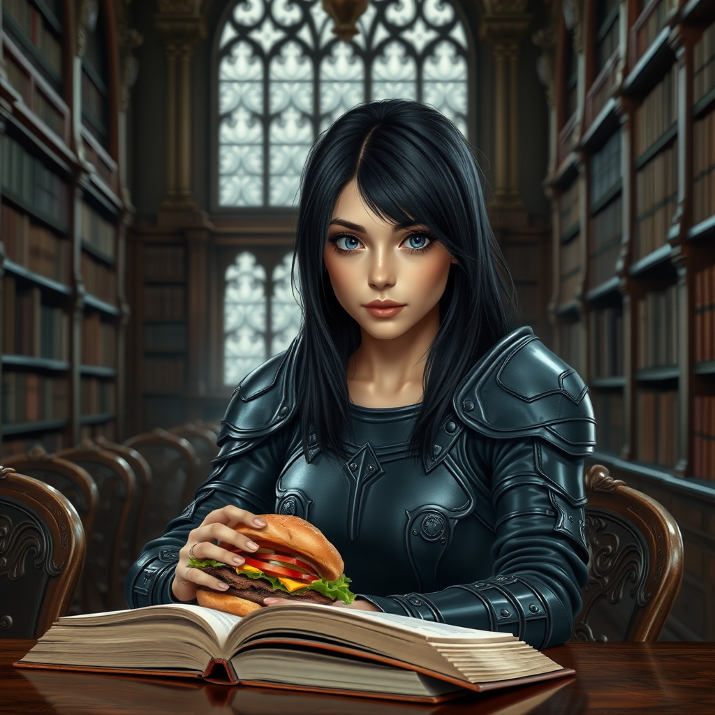 beautiful young woman, dark hair past her shoulders, blue eyes, small, slim figure, wearing full leather armor suit, sitting, sandwich on table, reading a book, in a grand old library.