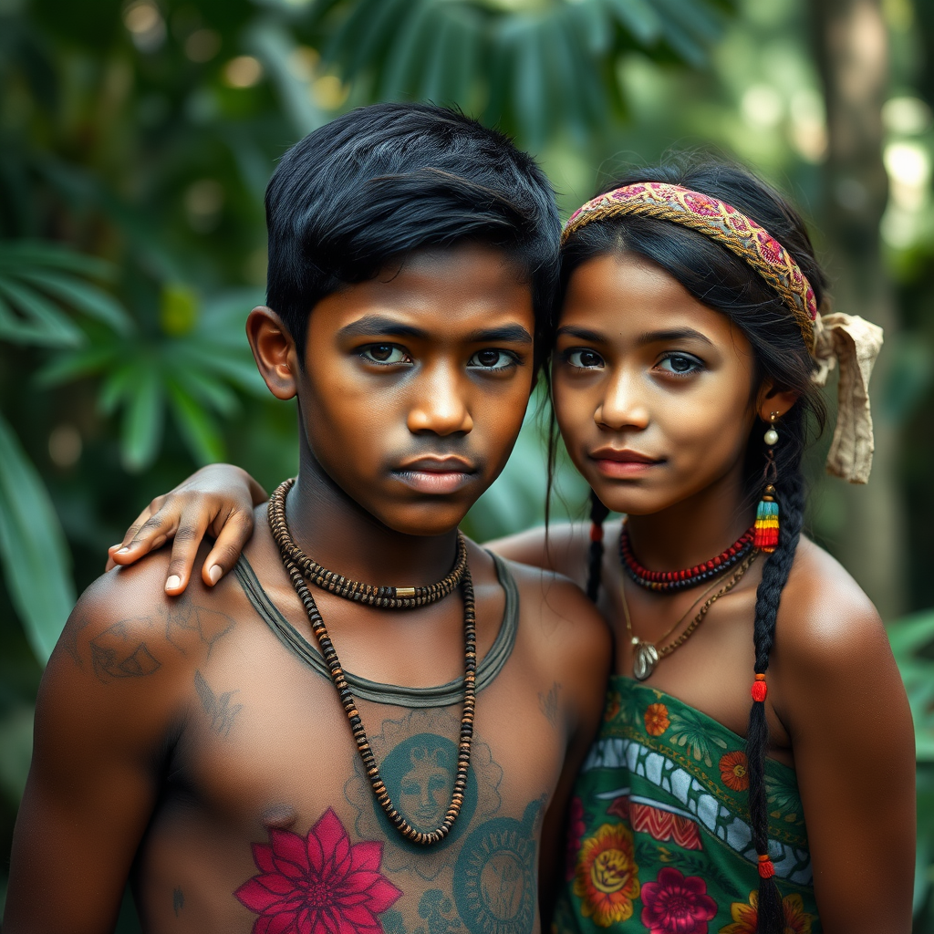 A realistic photo of a 14-year-old boy and a curuminha girl. Indigenous people of the Brazilian rainforest.