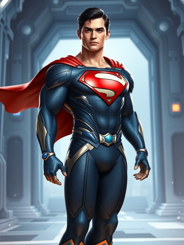 Create an image of Superman with the body traits of Mei-Ling from Overwatch, ensuring his original head and face are retained. Modify the body shape, focusing on a more athletic yet slightly softer torso, enhanced muscular arms, and toned legs. Integrate Mei-Ling's intricate costume patterns into Superman's traditional outfit, adding subtle armor details and blue accents. The background should blend elements of Metropolis and an icy, futuristic lab. Ensure the scene highlights Superman's powerful presence while incorporating Mei-Ling's dynamic posture and grace.