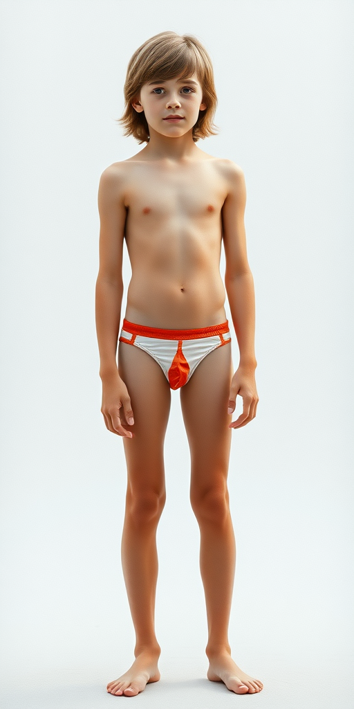 A tall skinny 14yo teen boy, long hairs bow cut, wearing little speedo, long legs, narrow thighs. full-length view. 1970s. photorealistic, ultra high resolution, 16K, Negative: grainy, blurry, bad anatomy, extra limbs, watermark.