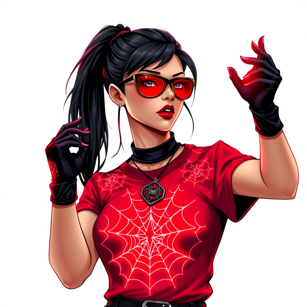 A hot 26-year-old mystical corporate hero hunter with a single black ponytail, maximum red lipstick, striking blue eyes, dressed in a maximum red t-shirt adorned with intricate neon red glowing web patterns, equipped with black biker gloves, and wearing glowing neon red-lensed shades and a mystical red gemstone amulet featuring an intricate web design that grants her the cunning and trickery of Anansi. She poses flirtatiously against a solid white background, exuding an aura of mystical power and intelligence. She is drawn as if she was in a retro 2D cyberpunk fighting game. She glows neon red showing her mystical powers.