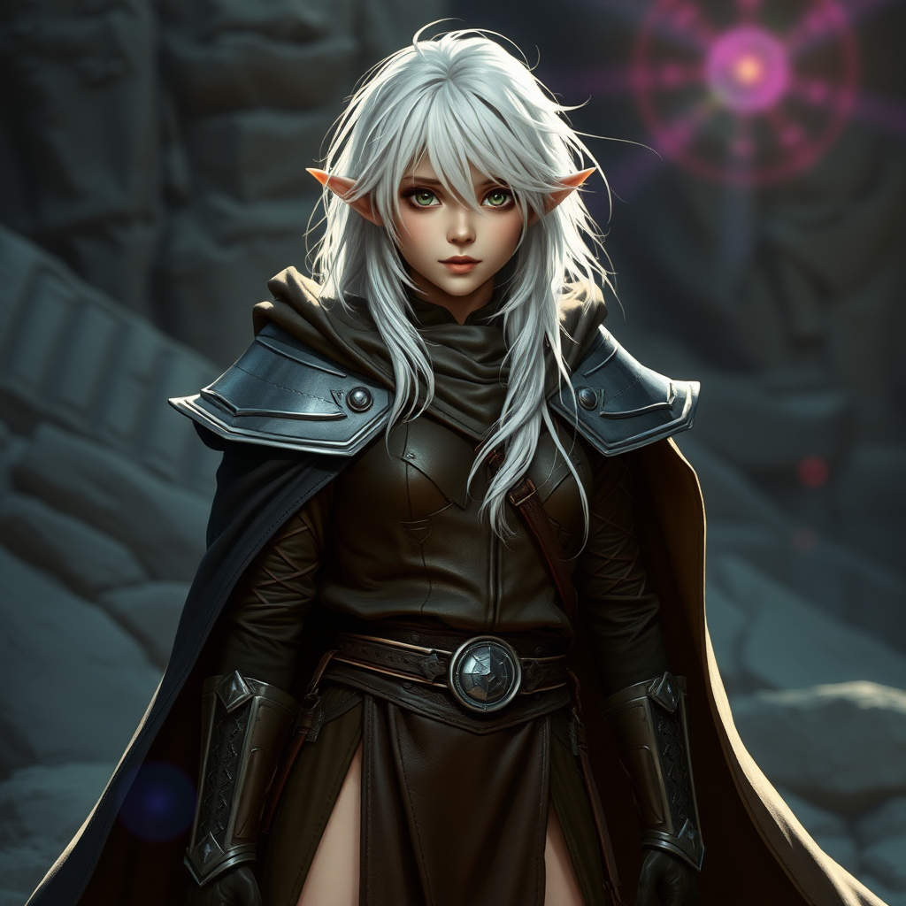 A twenty-something elf girl like (Deedlit from Record of Lodoss War), a character come to life. Messy shoulder-length white hair. Wide triangular shoulder pads, flowing cloak, leather armor, skirt, high heel ankle boots. Photorealistic digital matte painting, highly detailed, film grain, lens flare, chromatic aberration.