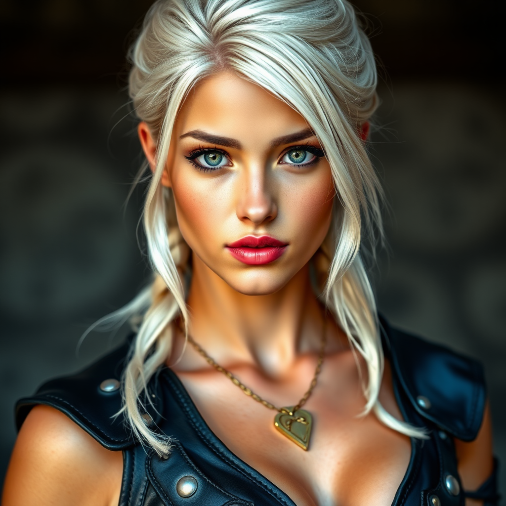 Portrait of a beautiful young platinum blonde woman with green eyes, a suntan, light brown eyebrows, and large breasts. She is wearing black leather armor and a gold necklace with a small heart pendant.