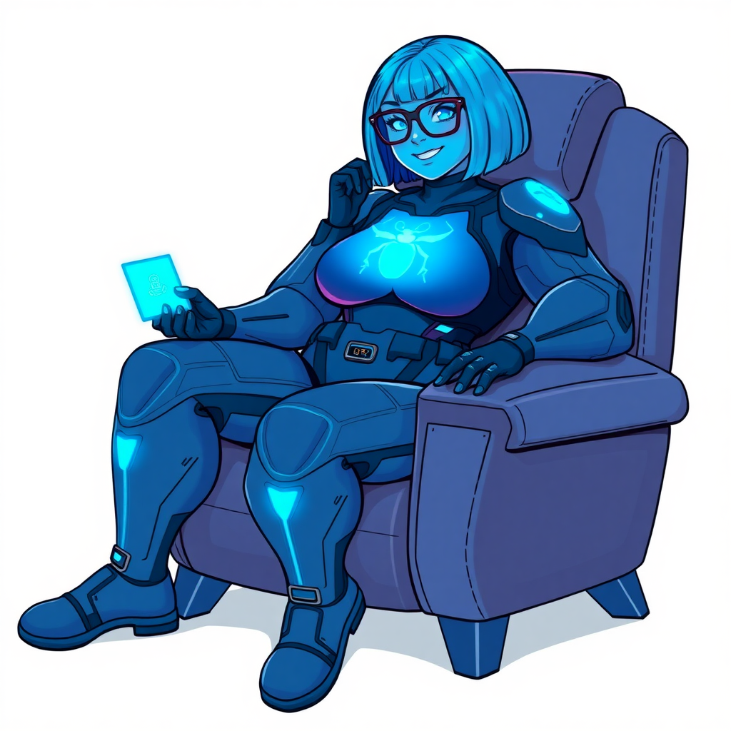 A heavily, extremely, and intensely pampered nerdy full-figured middle blue skinned digital sidekick, a 28-year-old computer major, has been transformed by her doting vigilante boyfriend. Her middle blue skin and bob cut seamlessly integrate with her data, and her neon blue eyes glow with intelligence. Her physique, now showcasing a gargantuan round midsection, massive limbs, and broad shoulders, contrasted by a slim face, clearly reflects her indulgence and pampering. Her full figure is prominently highlighted, with her gargantuan, rounded midsection and massive limbs emphasizing her pampered status. As the loyal and supportive sidekick, she plays a crucial role in their missions, using her digital prowess to assist and protect.

She wears a digital, computerized maximum blue bodysuit, featuring a glowing neon blue beetle chest icon and matching high-tech gloves. She bashfully giggles with a neon red blush, emitting neon blue data cubes from her body. Her full figure, now even more plump and heavily emphasized by her nerdy appearance, clearly shows how pampered she is. Her nerdiness is accentuated by her black oversized eyeglasses.

Her outfit, influenced by DC’s Jennifer Knight Phantom Lady, remains distinct. Adding to her pampering, she serves as his minicomputer, traveling in his high-tech wristwatch and supercar’s computer system. Using her ability to hack into computers and machines, she relays crucial knowledge relating to his missions.

In her new pose, she sits comfortably on a plush, high-tech chair with one leg crossed over the other, her oversized glasses slightly askew as she adjusts them with a bashful smile. Her relaxed posture and content expression, combined with the glowing data cubes around her, clearly reflect her status as a heavily pampered, nerdy digital sidekick. Her gargantuan, rounded midsection and massive limbs are prominently displayed, emphasizing her indulgence and pampering while maintaining her nerdy physique. She is on a solid white background. She is drawn as if she was in a retro 2D cyberpunk fighting game.