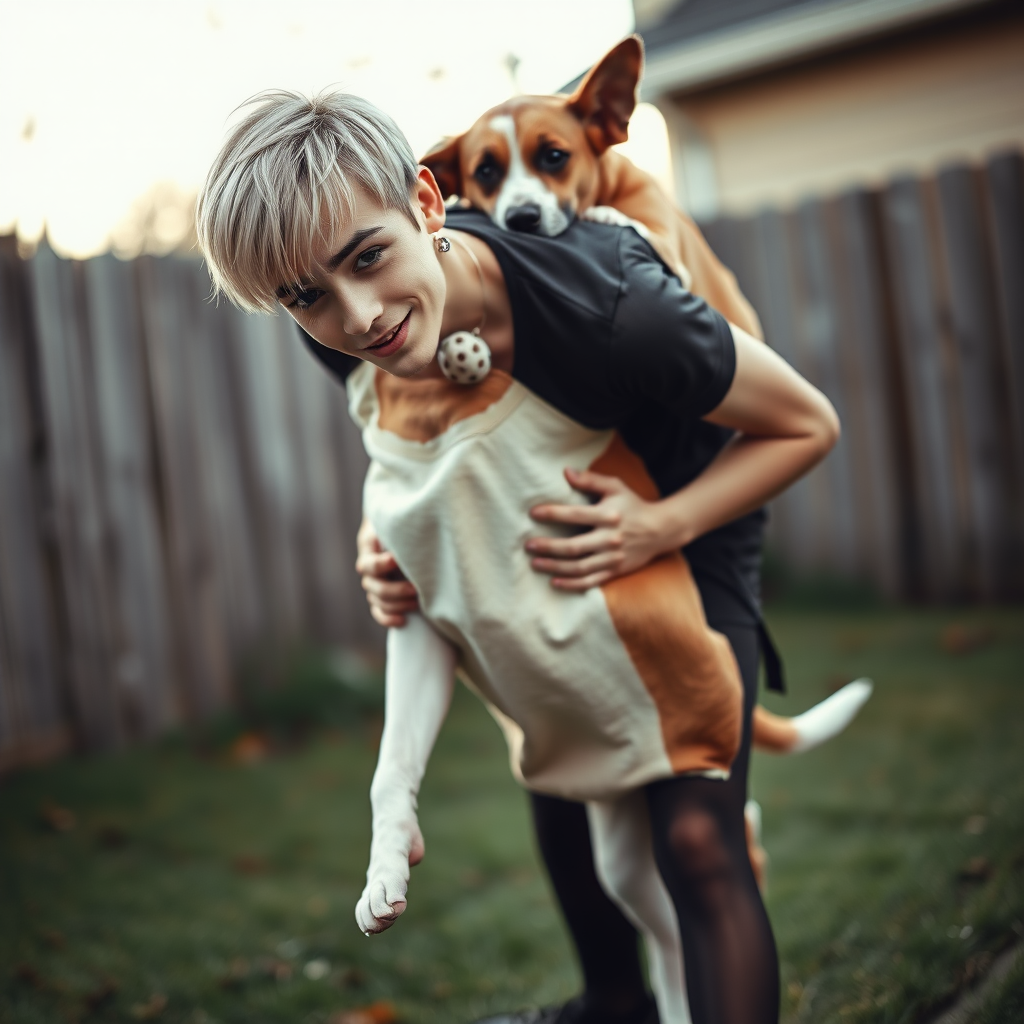 photorealistic, ultra high resolution, 16K, surreal fantasy, studio lighting, a pretty 16 year old goth male, slim male physique, short blonde hair, goth makeup, earrings, pantyhose, white ballet shoes, playing with his dog in the yard - he is bending forward, while the dog stands up behind him and rests its paws on the boy's shoulders, excited smile, facing the camera.