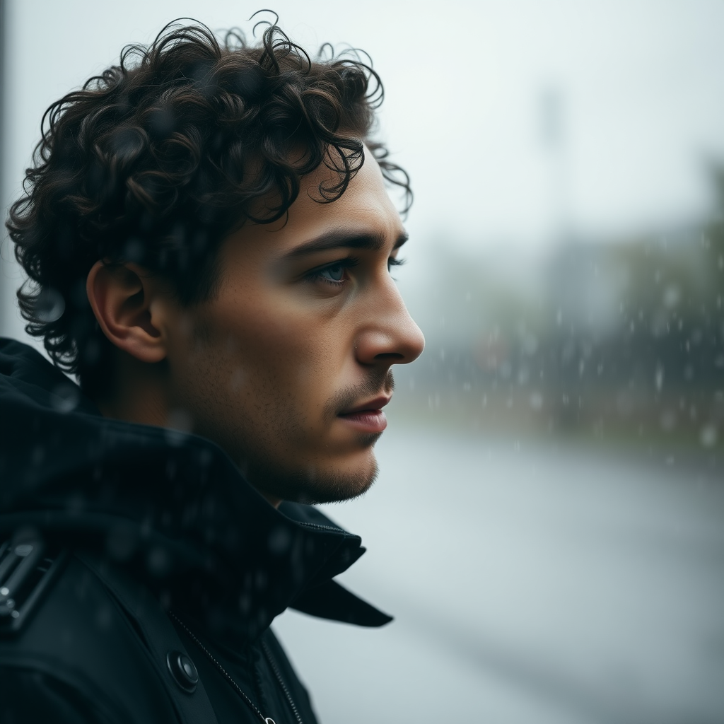 so much rain, man with fine curly hair, oval face