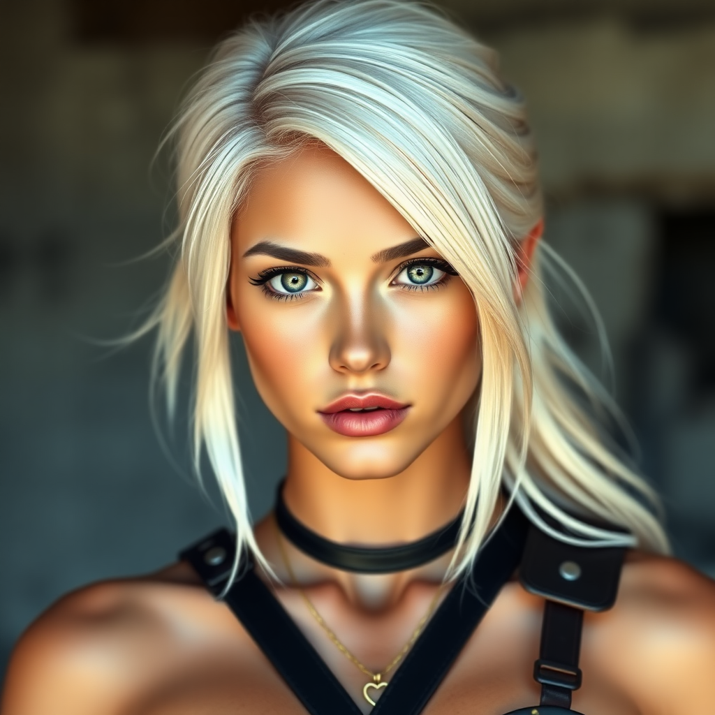 Portrait of a beautiful young platinum blonde woman with green eyes, a suntan, light brown eyebrows, and large breasts. She is wearing black leather armor and a gold necklace with a small heart pendant.