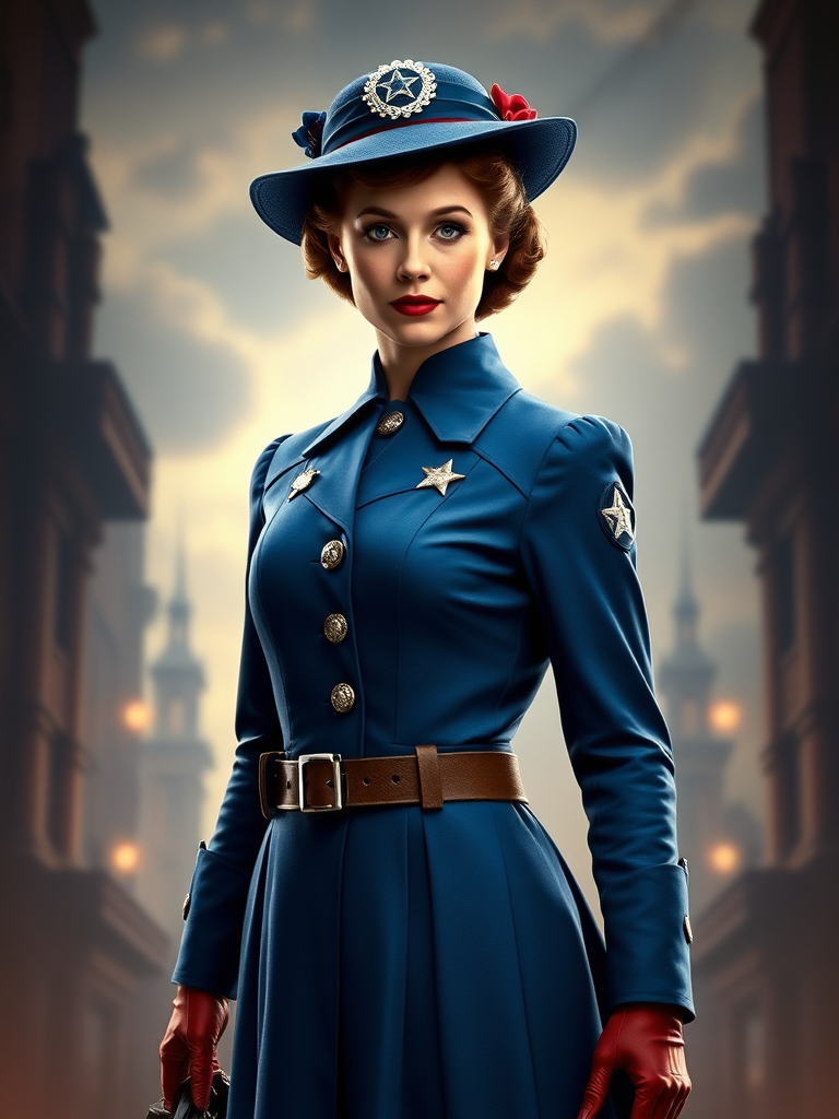 Create a full-length rendered image of Mary Poppins, using Steve Rogers' male figure for the body. Retain Mary Poppins' head, hairstyle, and facial features. Incorporate her iconic costume while adding embellishments inspired by Captain America's uniform. Adjust the costume to fit Steve Rogers' proportions. Design a background that harmoniously combines elements from both characters, emphasizing their unique worlds and styles. Ensure the image captures the whimsical charm of Mary Poppins alongside the heroic essence of Steve Rogers, merging their characteristics into a cohesive and striking new portrayal.