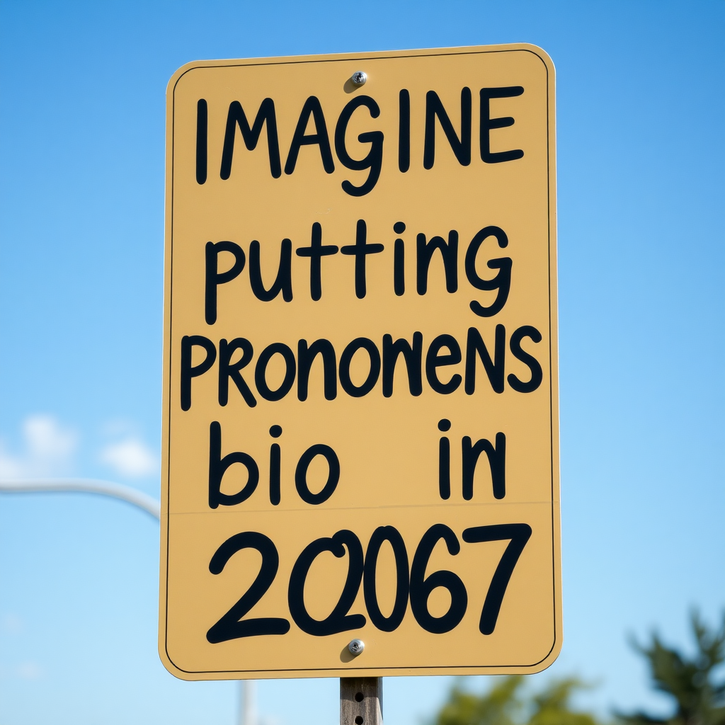 a sign saying "Imagine putting pronouns in bio in 2067."