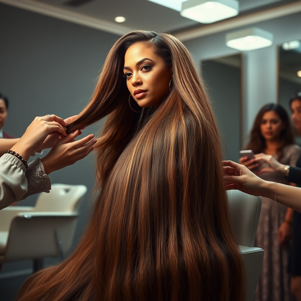 In an elegant, sunlit salon, adorned with soft, minimalistic decor, the stunning Beyoncé sits gracefully in a salon chair, her incredibly long, luxurious hair cascading like a flowing waterfall of silk down her shoulders and past her waist. The gentle glow of overhead lights highlights the rich, deep hues of her hair, each strand reflecting the brilliance of the space around her.

As an interactive long hair fetish performance art exhibit unfolds, curious visitors gather around, their eyes alight with fascination and excitement. Some eagerly reach out, gently grasping her hair between their fingers, feeling the smooth texture slip through their hands, while others playfully tug at it, testing the boundaries of their interactions. Each movement is accompanied by a symphony of soft gasps and murmurs of appreciation, enhancing the atmosphere of intimacy and connection.

The background is a simple, unobtrusive gray, allowing the artistry of the moment to take center stage. The air is charged with a sense of wonder and exploration, as visitors not only admire Beyoncé's hair but also engage in this tactile experience, deepening their understanding of the artistry behind her presence. Her expression is a mixture of serenity and playful engagement and submission, reflecting her comfort and trust in this unique performance, ultimately creating a captivating scene where art and audience intertwine seamlessly.