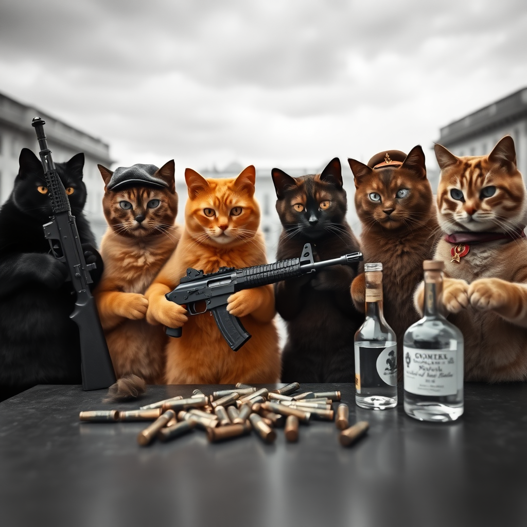 4 cat-men in a large square, a black one holding an AK-47, an orange one wearing a Russian military cap, a dark brown one and a light brown one, Soviet communist with vodka, behind a table with bullet casings on it (black and white photo style)