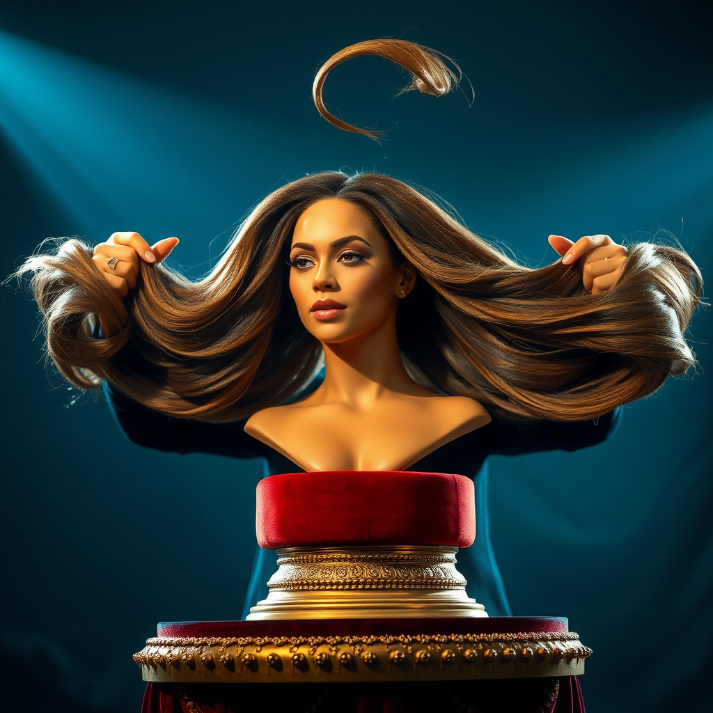 A magician captivates the audience with a stunning display of illusion. Atop an ornate velvet display stand rests the glamorous head of Beyoncé, her radiant complexion and striking features enhanced by glimmers of stage lighting. Her remarkably long hair cascades elegantly, flowing like a waterfall of rich, dark silk, and the strands glisten with hints of gold as they catch the soft light.

The magician holds up the luxurious mane with a flourish, spreading it wide for everyone to admire. The air is charged with suspense as he expertly manipulates the hair, twirling it gracefully around his fingers, creating mesmerizing shapes that seem almost alive.